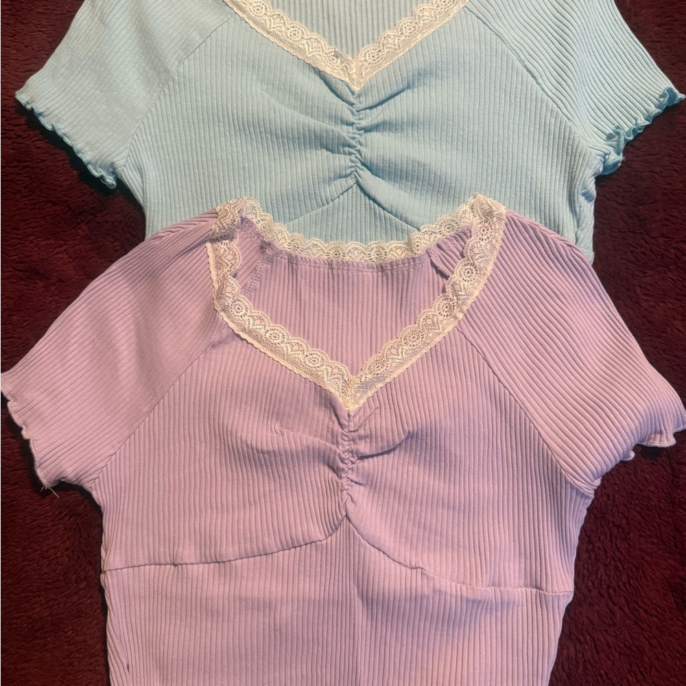 Lace Trim Ribbed Women cropped Tops - Blue and Purple